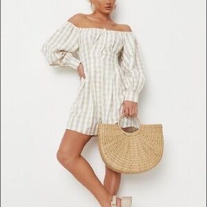 NWT Missguided bardot pleated waist shirt mini dress Tan gingham puff sleeve 0